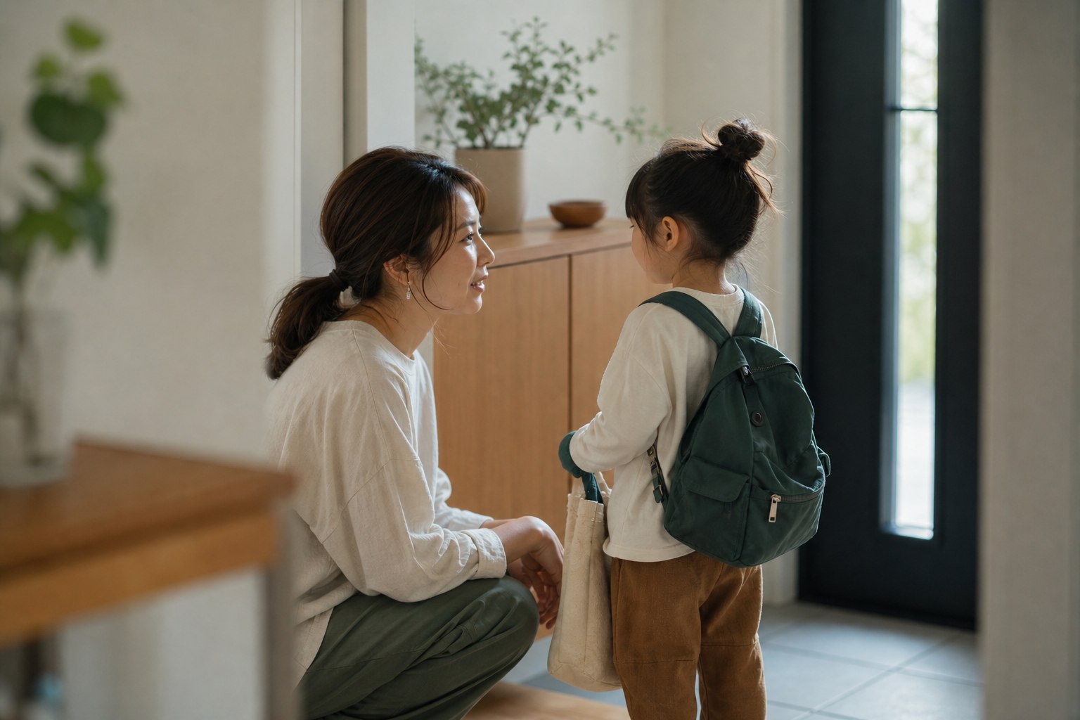 親が子どもの目線に姿勢を下げ、落ち着いて話している様子