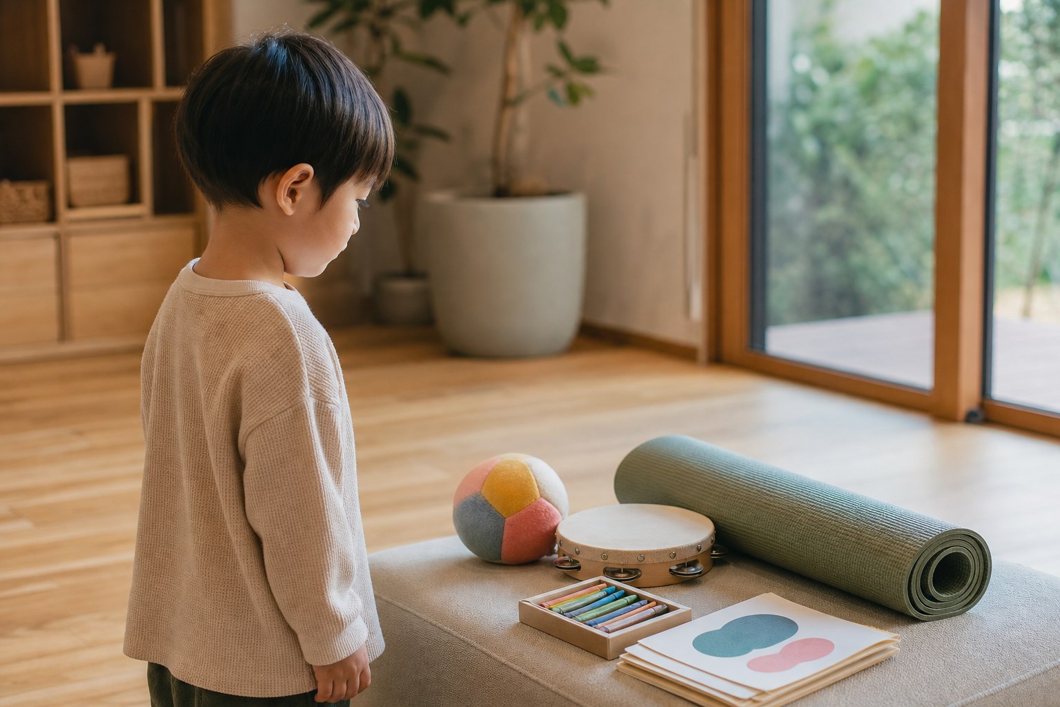 子どもがボール、楽器、画材、運動マットを見比べている様子