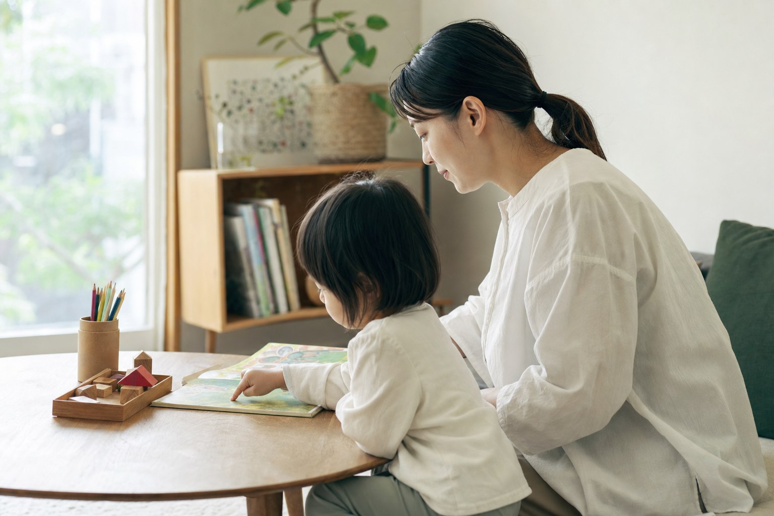 親子で絵本や積み木を見ながら、やってみたいことを一緒に選ぶ様子